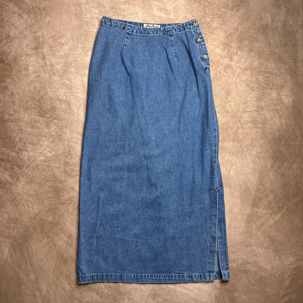 Vintage Y2K Eddie Bauer Denim Maxi Skirt Blue Jean A Line Side Slit Boho Cottage